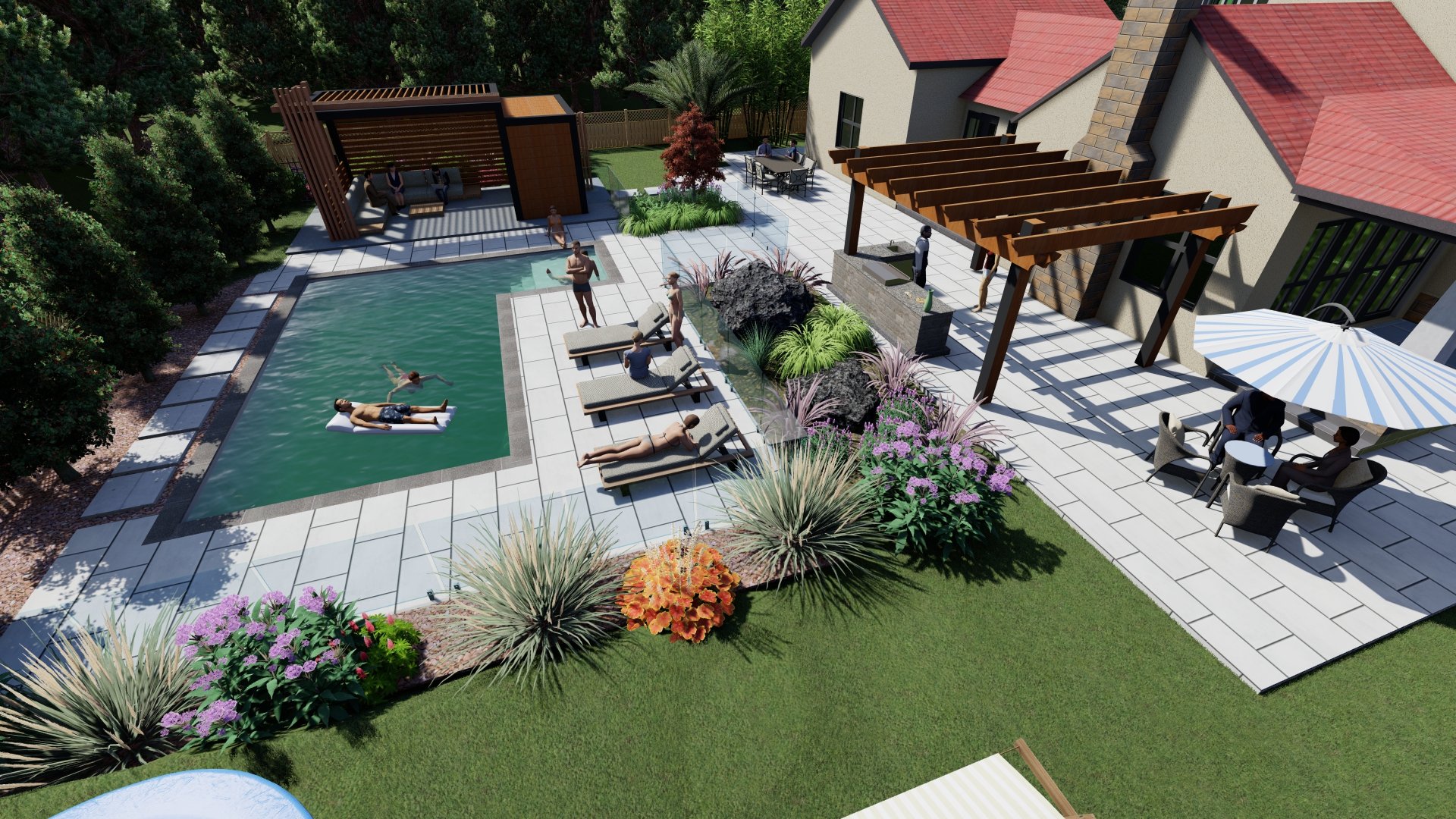 Piscine luxueuse avec aménagement paysager au crépuscule